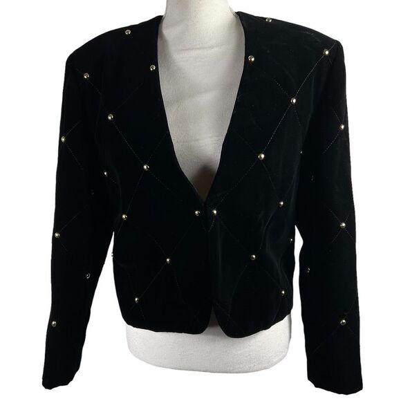 Vintage Black Velvet Gold Stud Lined Formal Bolero Jacket Medium 1991 Holiday - Picture 1 of 10